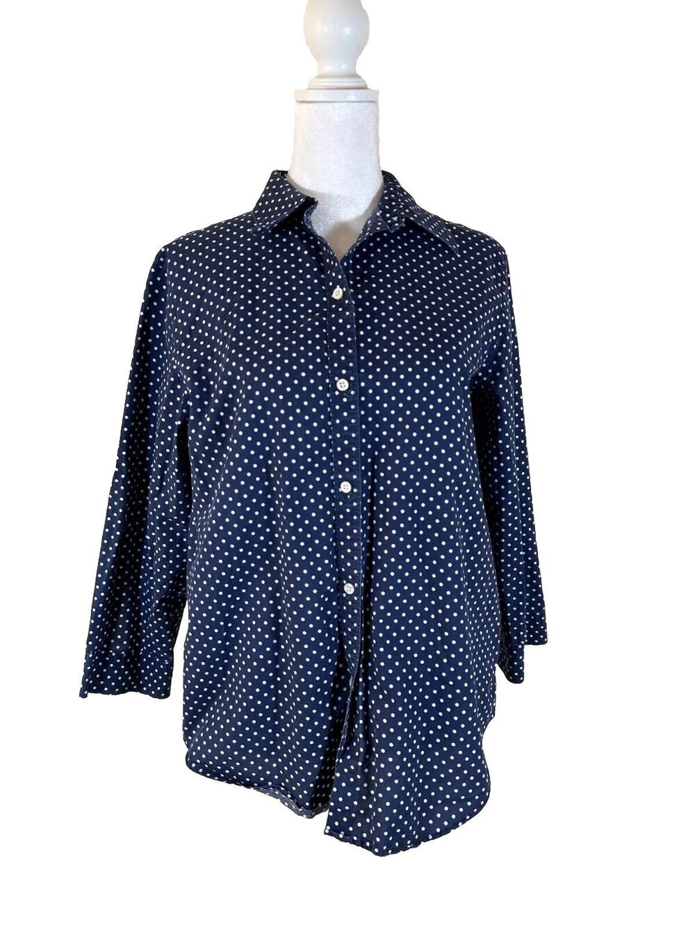 Lauren Ralph Lauren White Navy Polka Dot Non-Iron 3/4 Sleeve Button Down Polo M
